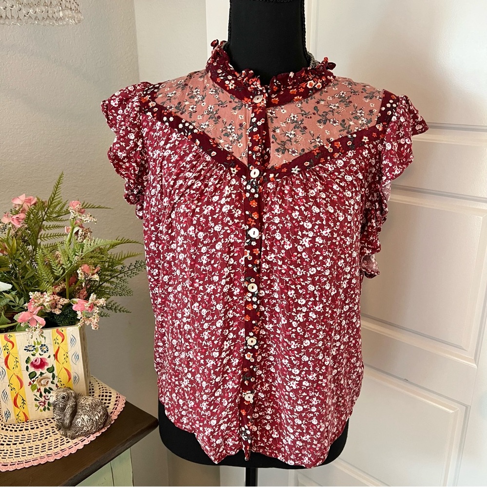 Heroes & Dreamers‎ Maroon Pink Mixed Ditsy Floral Ruffle Flutter Sleeve Blouse M